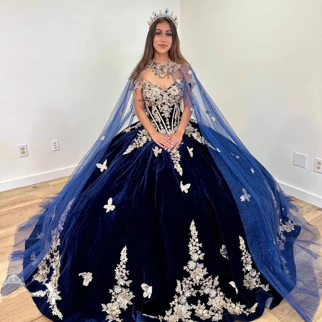Navy Blue Quinceanera Dress Off-Shoulder Sweet 16 Gown with Gold  Appliqued Elegant Vestidos de 15