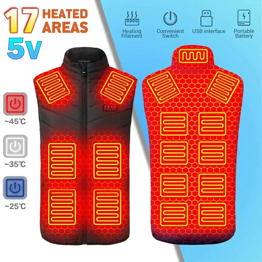 Intimo termico da uomo Giacca riscaldante Gilet riscaldante Uomo Gilet invernale riscaldato 17 aree Abbigliamento alimentato tramite USB Abbigliamento donna Gilet caldo Abbigliamento Caccia Sci 231128