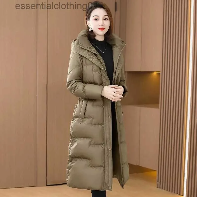 Women's Down Parkas High-end European station down jacket women 2023 new solid color in the long temperament slim white duck down thick coat tide L231129