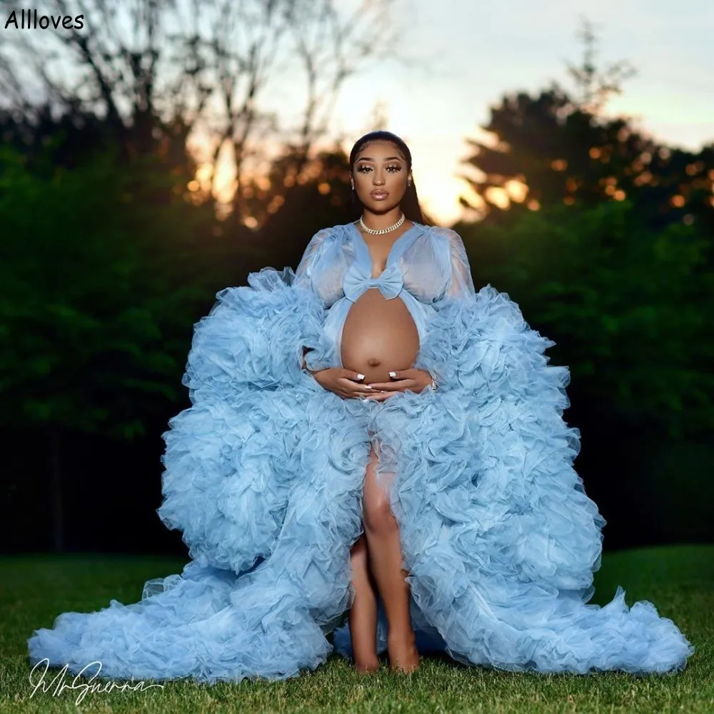 Lichte hemelsblauw pluizige tule zwangerschapsgewaden voor zwangere vrouwen op maat gemaakte ruches met lange mouwen een lijnjurken Photoshoot Beach verjaardag prom Formal Robe CL2219