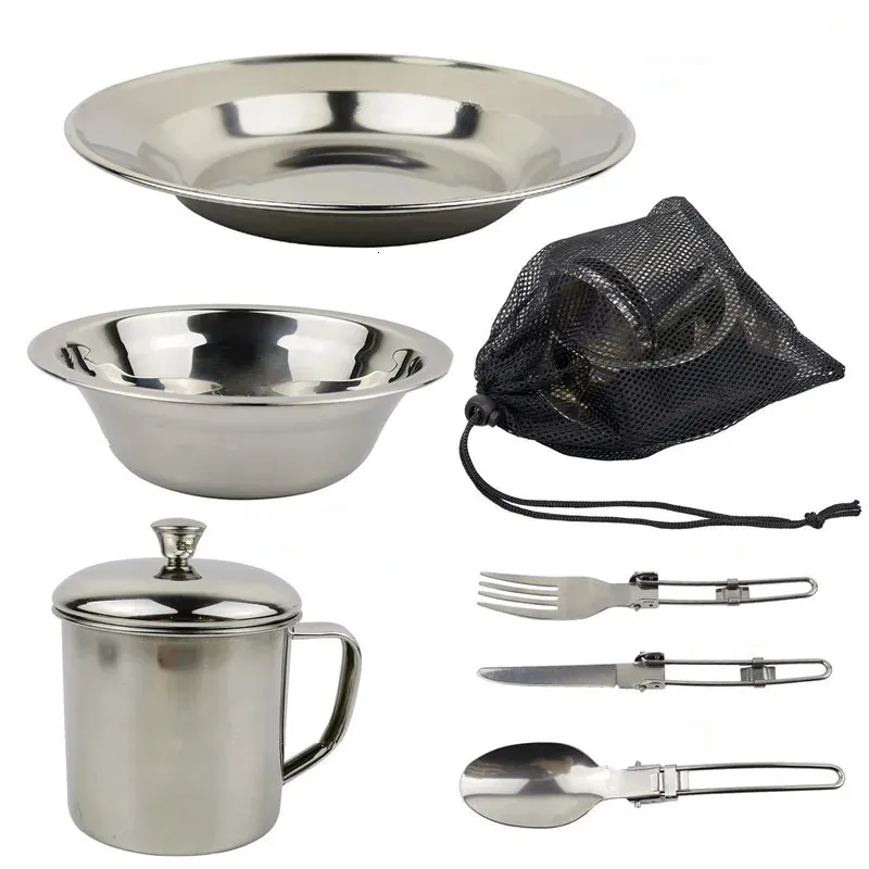 Camp Kitchen Edelstahl-Campingbesteck-Set, Outdoor-Geschirr, Picknick-Utensilien, Reisebesteck, Rucksackreisen, Klappgabel, Messer, Löffel, Teller, Schüssel 231128