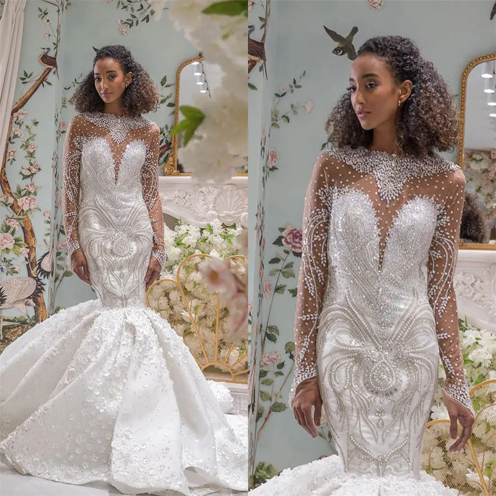 Robe De mariée sirène avec perles De cristal, élégante, col rond, manches longues, trompette arabe, Robe De mariée