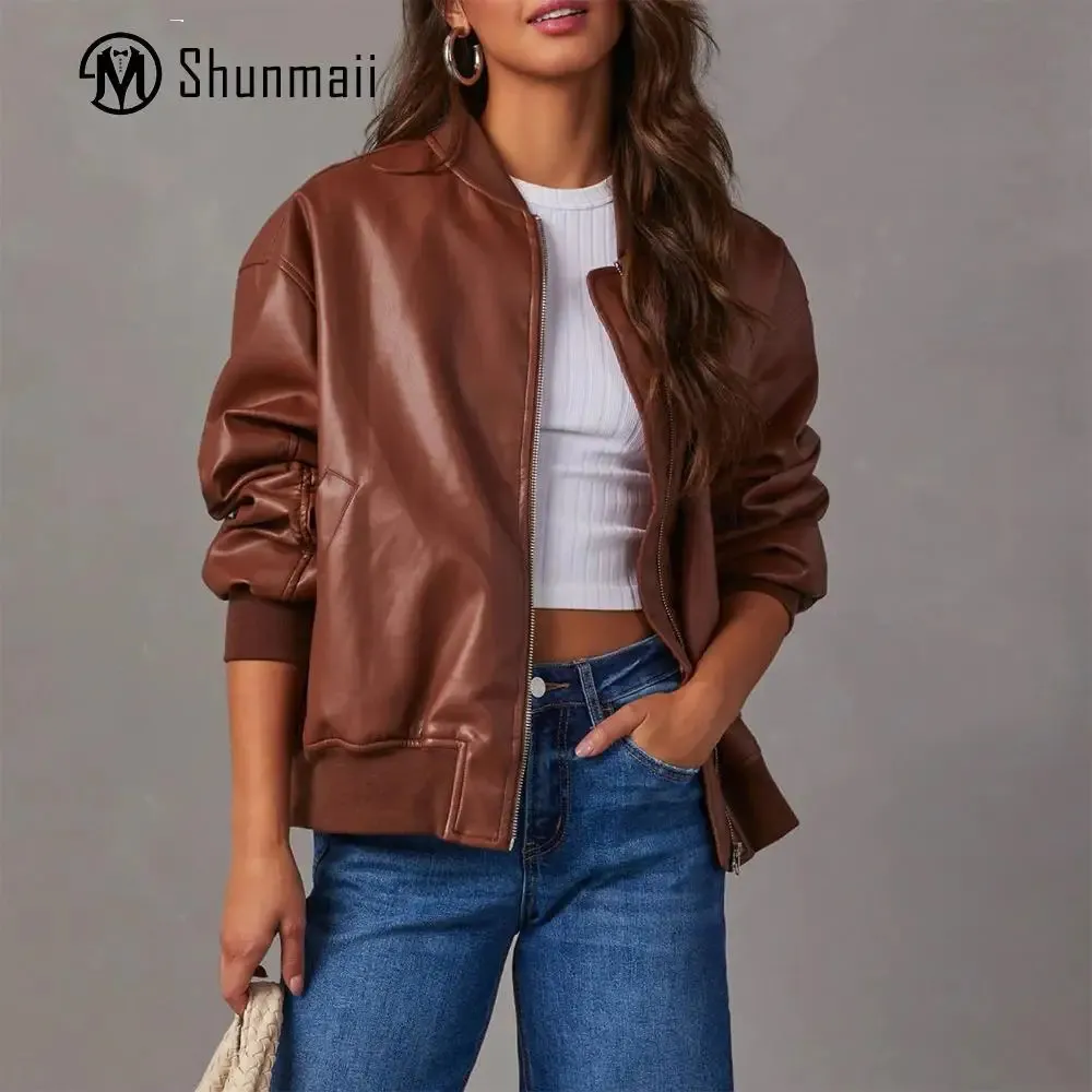 Womens Leather Faux Spring Autumn Pu Jacket Moto Bike Bomber Full Zip Winter Warm Rocks 231129