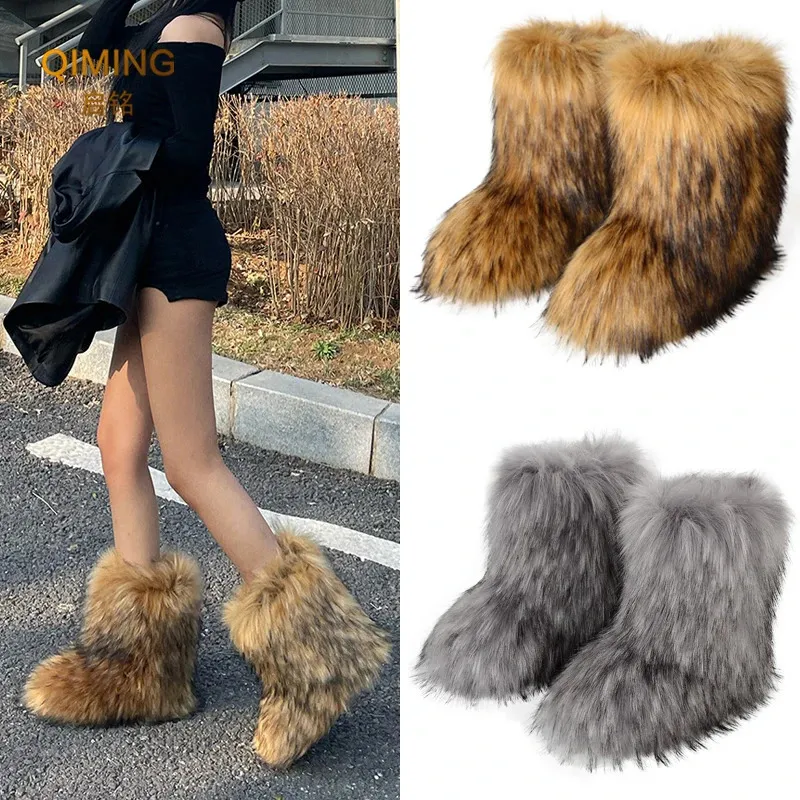 Boots Women Winter Faux Fox Fur Woman Fluffy Plush Warm Snow Luxury Footwear Girls Furry Bottes Fashion Shoe 231128