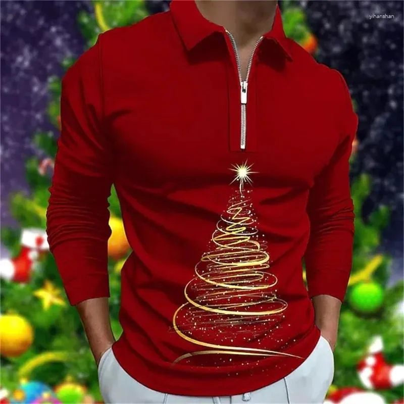 Men's T Shirts Fashion Christmas Polo Collar Long Sleeve Shirt Autumn Leisure Oversized