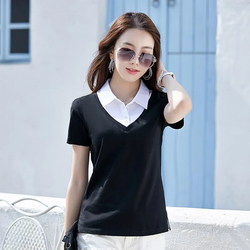 Skjortor Ggright 2022 Spring Short Sleeve Fake Two Polo Shirt Woman Summer Casual Turndown Collar Topps Female Button Camisa