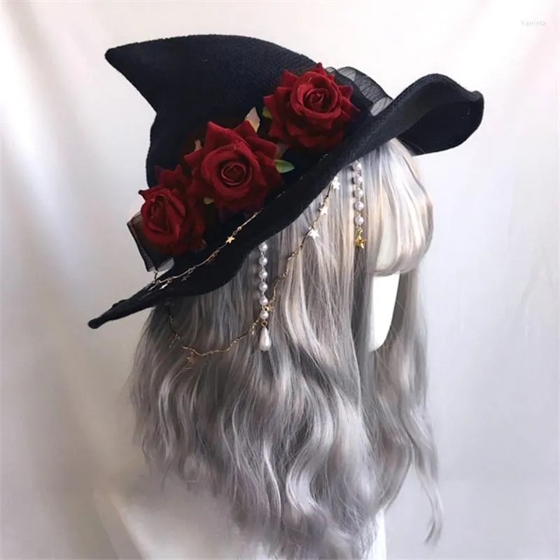 Chapeaux à large bord Lolita Halloween rétro chapeau de sorcière mascarade Rose grand arc assistant gothique magique fille Cosplay fête décor chaîne en métal