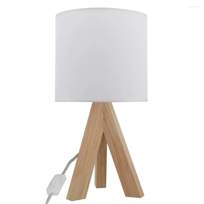 Lampade da tavolo Lampada treppiede in quercia con paralume classico in tessuto bianco 16,75 "H