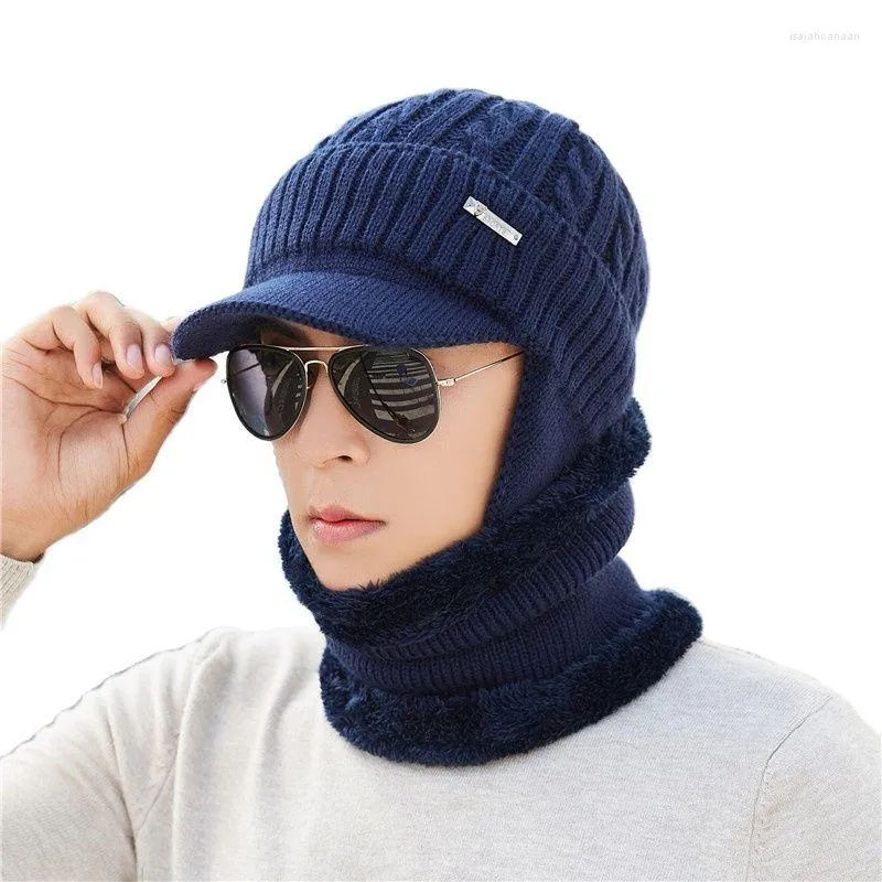 Beretten 2 PCS Winter Hat Sjaalset FMen Beanies sjaals mannelijk fluweel dikke warme accessoires mannen motorkap masker nek warmer