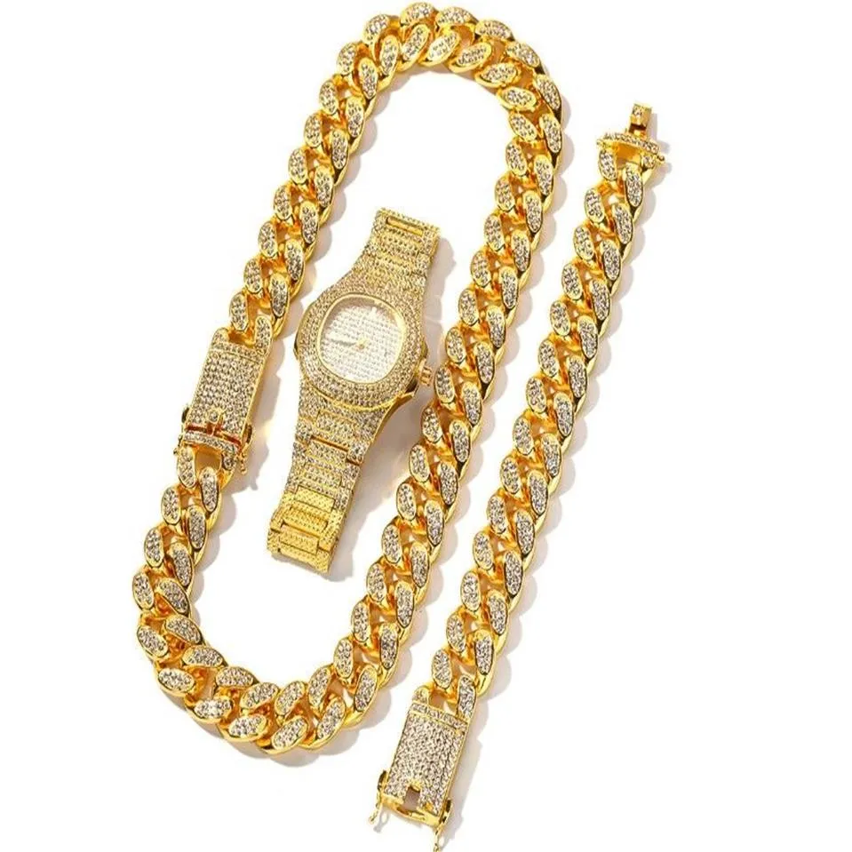 Collier de couleur argent pour hommes, montre, Bracelet Hip Hop, bordure cubaine, chaîne cubaine entièrement glacée, pavé de strass, CZ scintillant, bijoux 212e