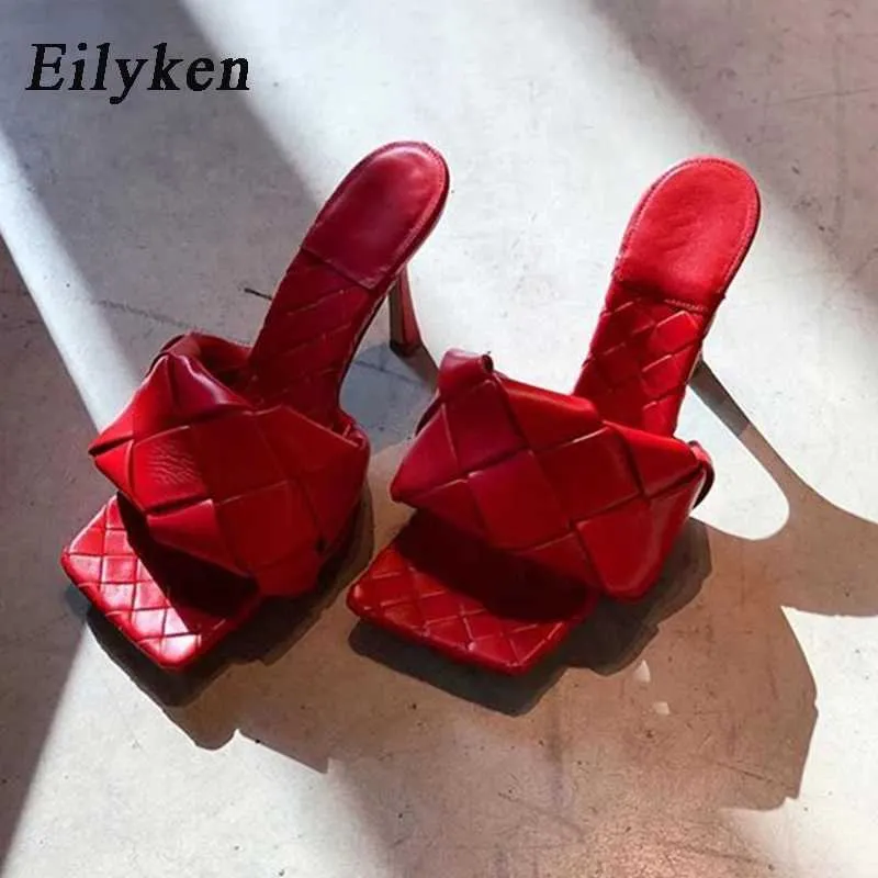 샌들 eilyken 여름 새로운 디자인 직조 사각형 발가락 고품질 PU 가죽 슬리퍼 검투사 해변 여성 샌들 슬라이드 신발 J230428