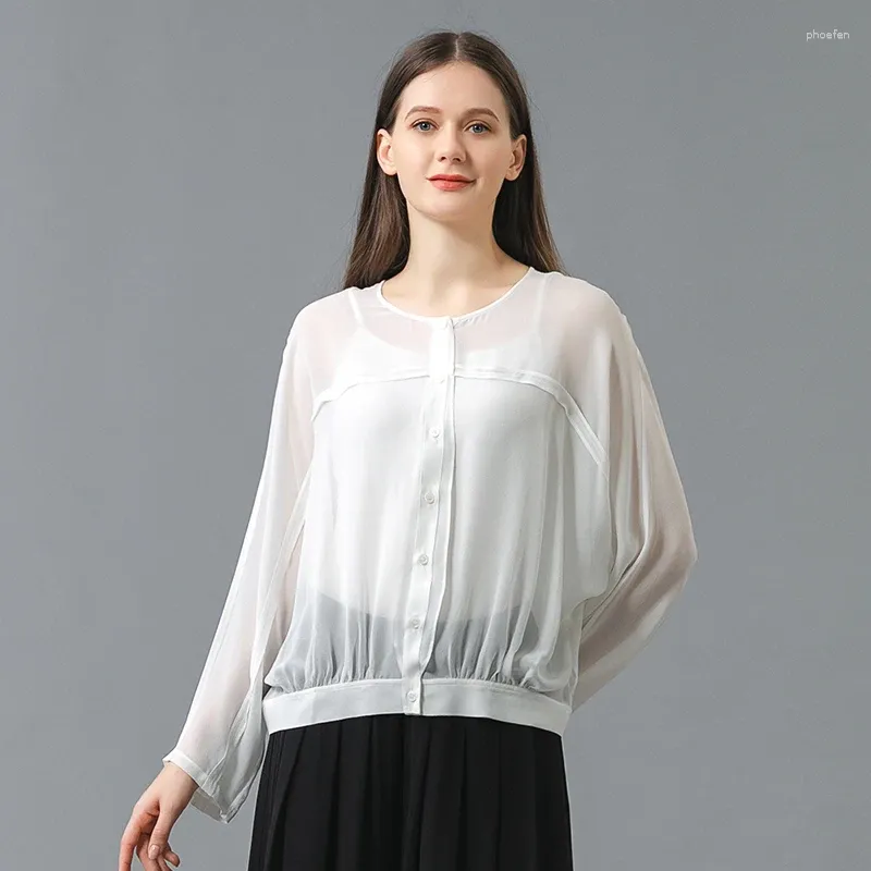 Women's Blouses Silk Georgette Sexy Translucent White Womens Tops Single Breasted Female Shirts Batwing Long Sleeve Office Lady Blouse WE111