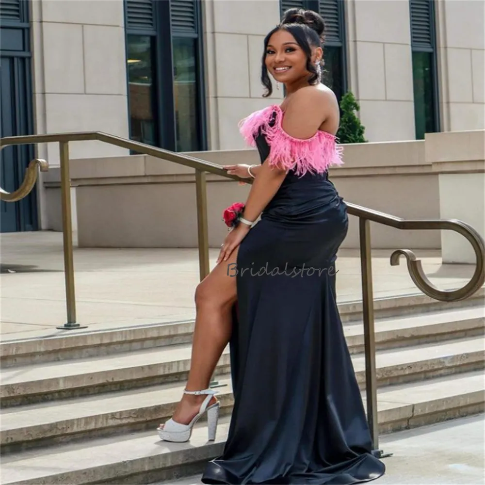 Plus Size Black Prom Dress With Hot Pink Feather Sexy High Slit Aso Ebi  Night Party Dance Dresses Evening Wear Strapless Formal African Black Girls  Vestidos De Fiesta From Bridalstore