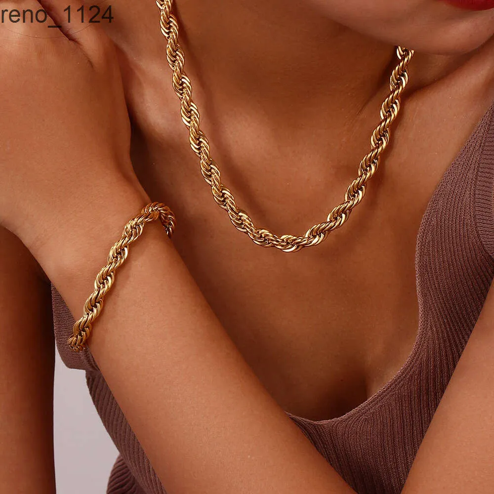 Vintage 8mm Coarse Twist Chain Gold Plated Stainless Steel Statement Necklace Jewelry