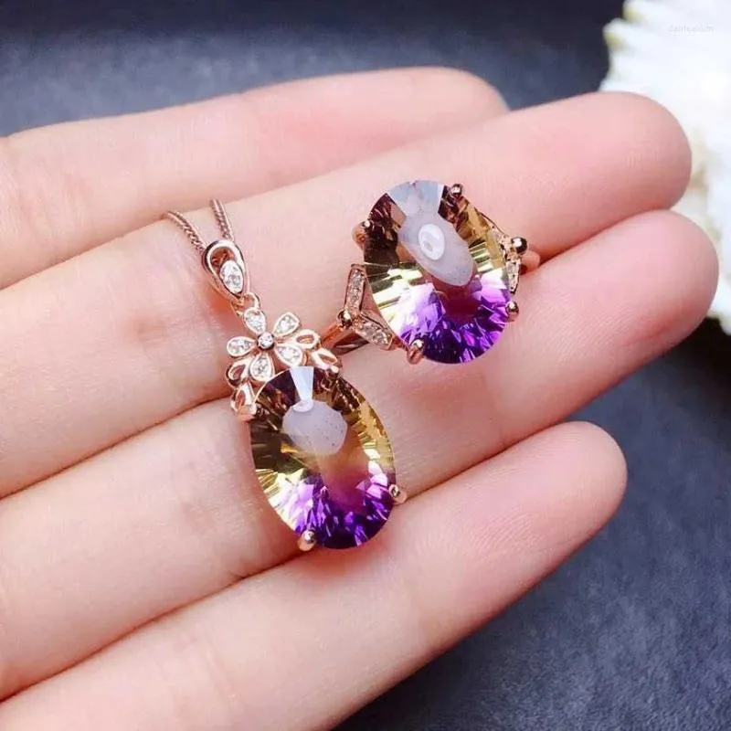 Necklace Earrings Set Trendy Colourful Crystal Ring Jewelry Purple Oval Rose Gold Color For Women Gift Drop