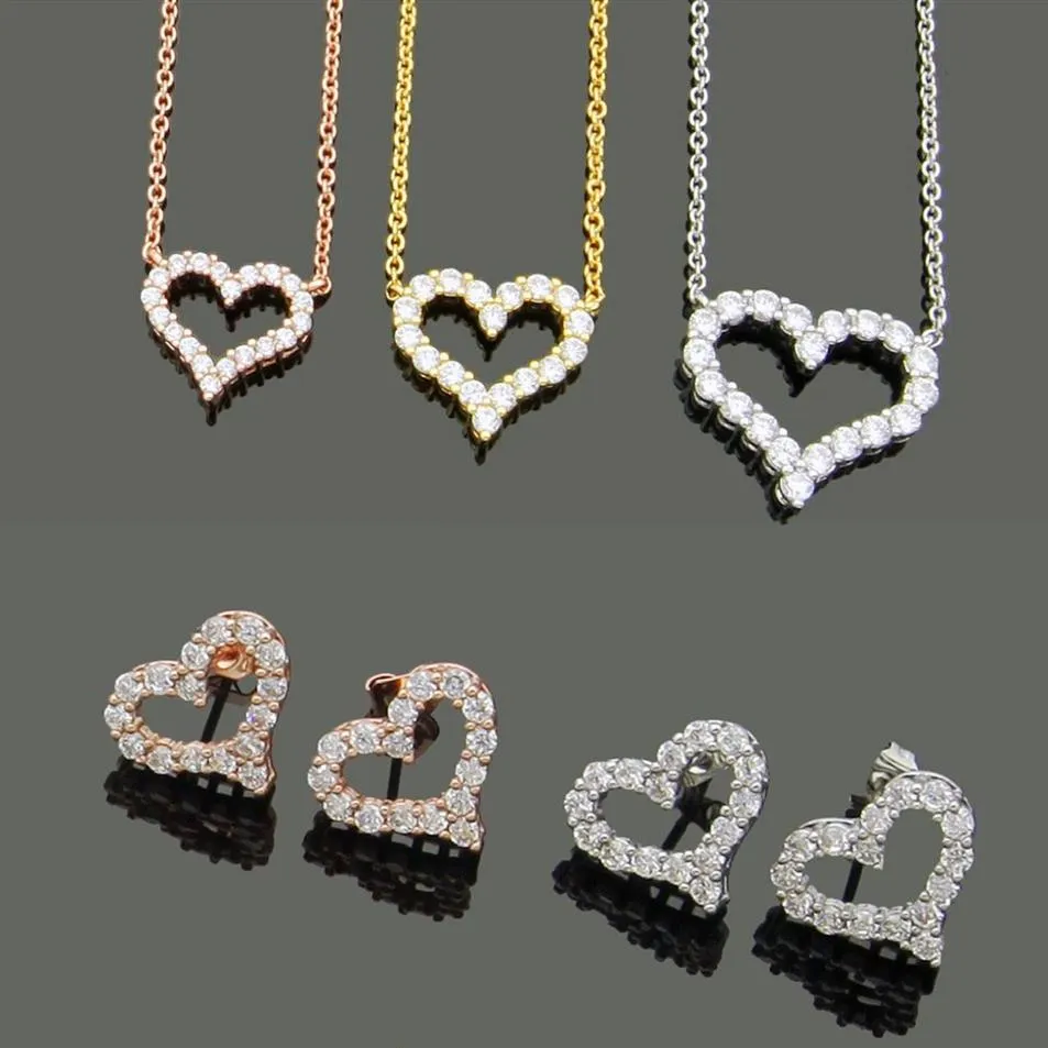 Designer Jewelry Women Diamond Heart Pendant Necklaces Rose gold Earrings Suits Never Fading Stainless Steel 3 Colors Silver Golde298r