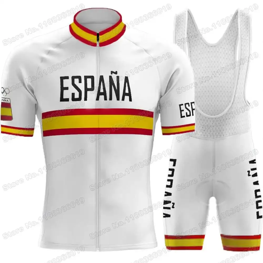 Wielertruisets Wit Spanje Wereldkampioen Set Spaanse Nationale Teamkleding Heren Racefietspak Fietsbroek met bretels 231128