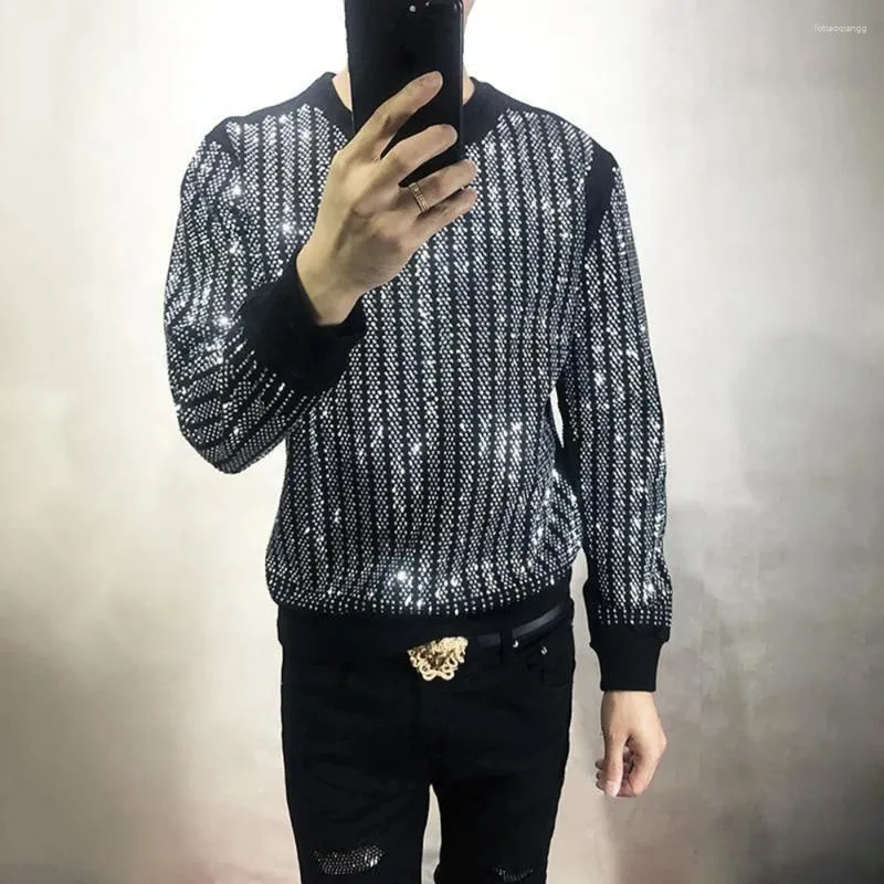 Men's Hoodies Mens Autumn Rhinestone Sweater 2023 Arrival Genderless Fashion Trendy Sexy Nightclub Shiny Loose Long Sleeve