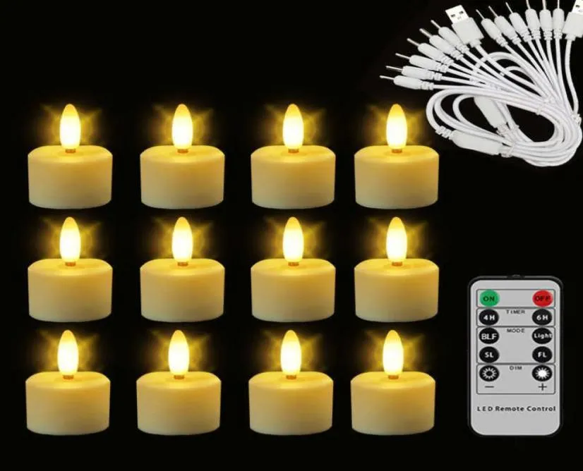 New 12 Rechargeable Tea Light With Remote Timer 3D Flameless Flicker Halloween LED Candles Decoration For Christmas And Wedding H04092506