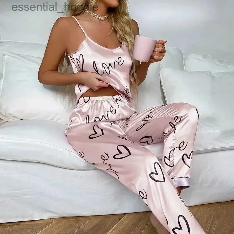 Women's Sleep Lounge Kvinnor Satin Silk Pyjamas Set Letter Print Cami Vest Shirt With Trouser Sleepwear Ladie Sexig Pyjama Lingerie Pajamas Nightwear L231129