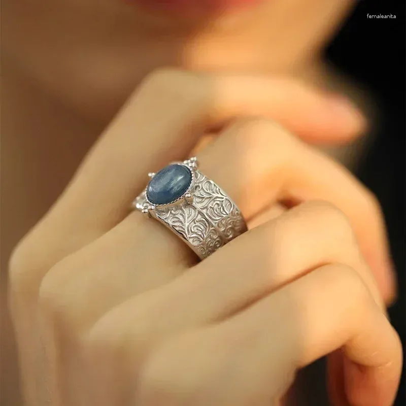 Cluster Ringen 925 Sterling Zilver Blauwe Steen Vintage Ring Voor Vrouwen Meisje Textuur Tak Retro Brede Verstelbare Fijne Sieraden Gift Drop