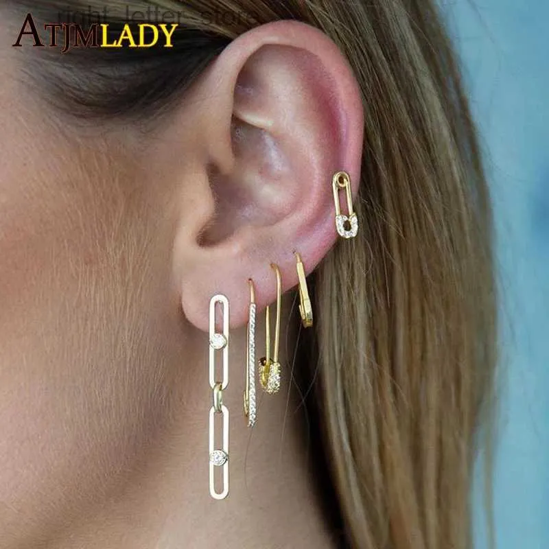 Stud Unique Designer Trombone Épingle De Sécurité Boucle D'oreille Couleur Or Pavé Clair CZ Mode Femmes Bijoux YQ231128