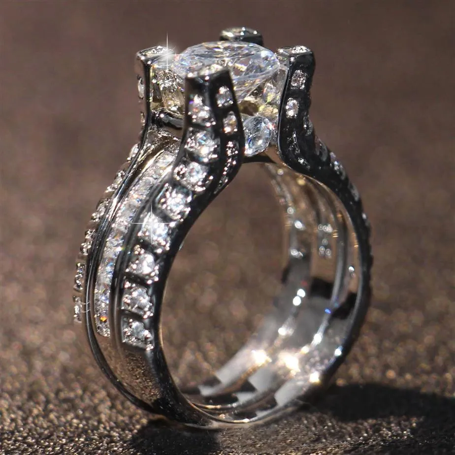 Size 5-10 Retro Vintage Jewelry 10KT White Gold Filled Round Cut Topaz CZ Diamond Gemstones Women Wedding Bridal Ring Set For Love277T