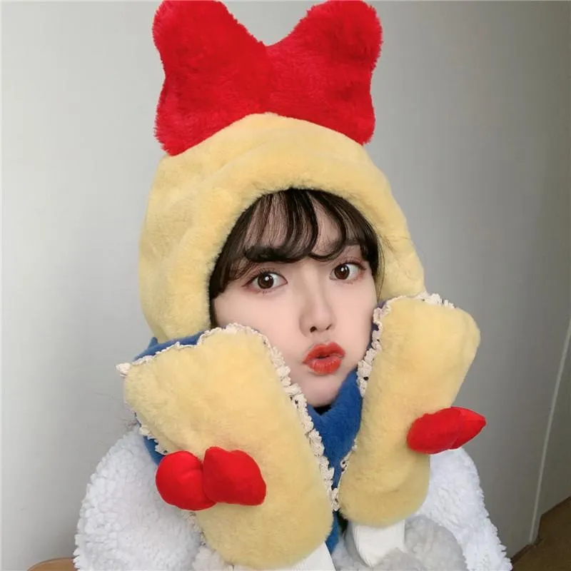 Berets Japanese Winter Sweet Soft Girl Kawaii Bow Keep Warm Plush Windshield Vintage Ear Cap Scarf Gloves Three-piece Suit For FemaleBerets