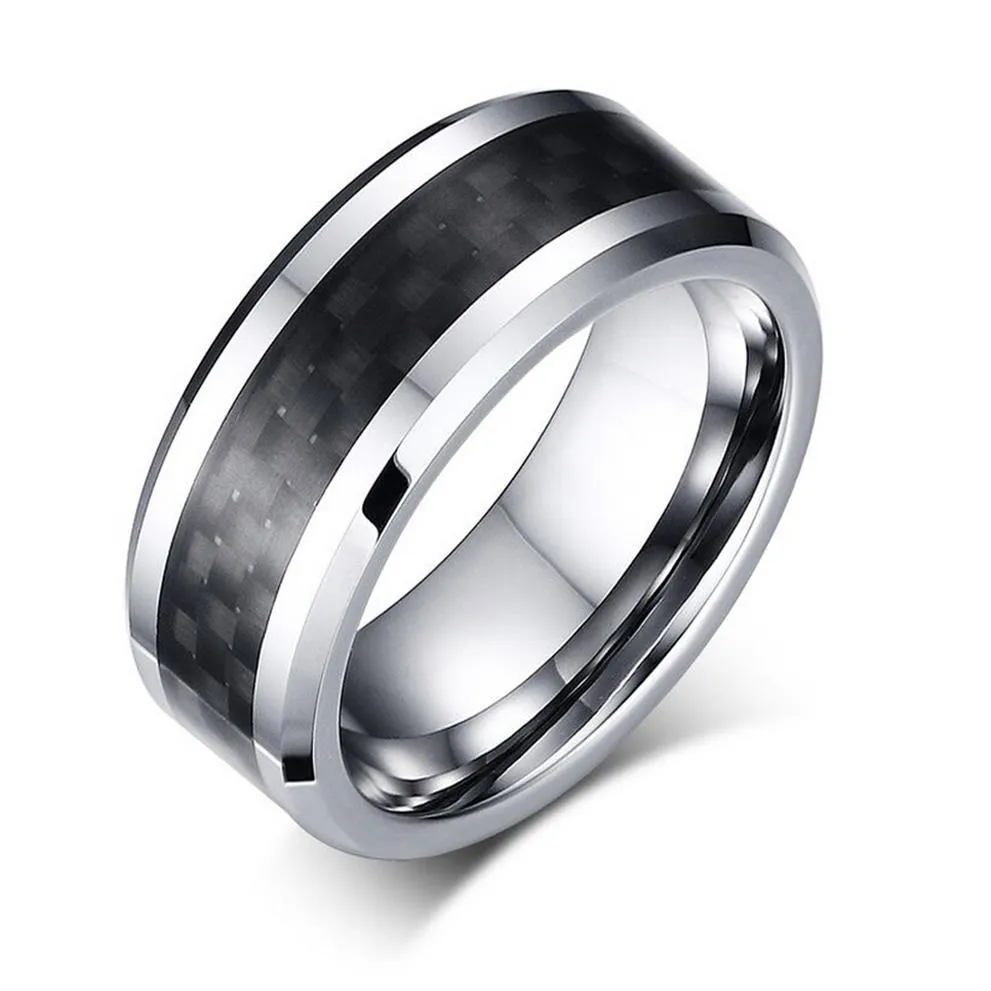 Bague de mariage en acier tungstène de 8 mm pour hommes et femmes avec incrustation de fibre de carbone noire gravée 313S