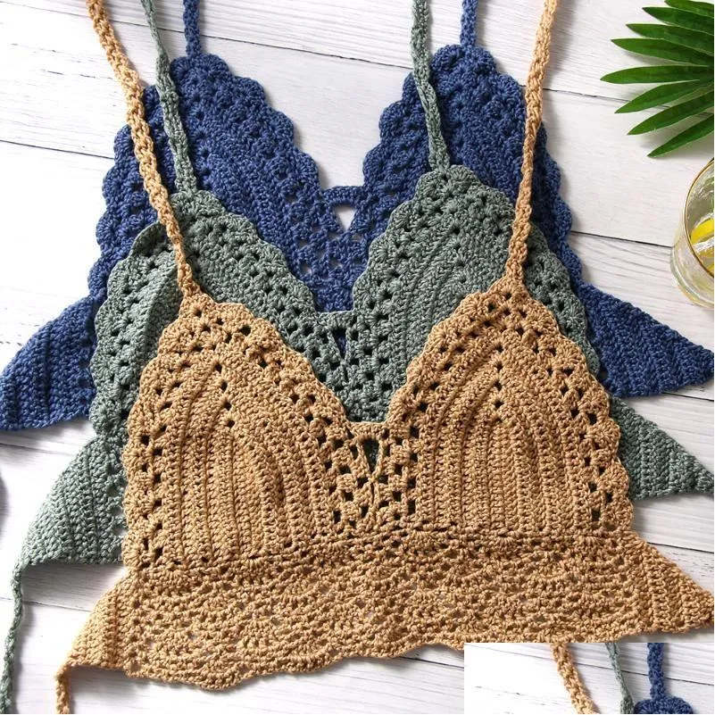 Camisoles Tanks y 여성 비키니 농작물 탑 클로 헤트 보헤미안 Boho Beach Bralett Cami 니트 브래지 탱