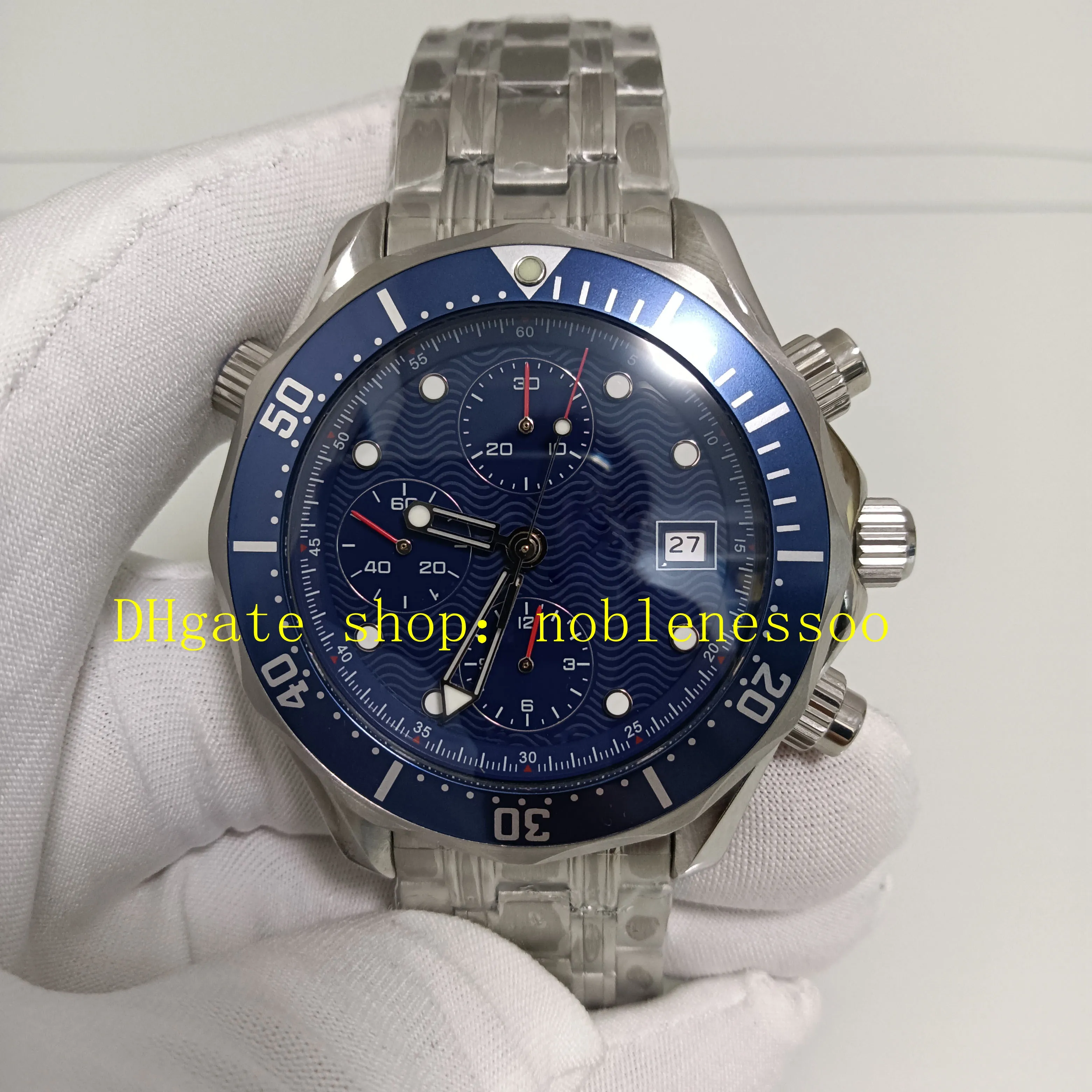 Cronografo automatico con foto reale Orologi da uomo 300M Quadrante con onda blu 41,5 mm Vetro zaffiro Bracciale in acciaio inossidabile Sport meccanico Orologio da uomo con movimento 7750