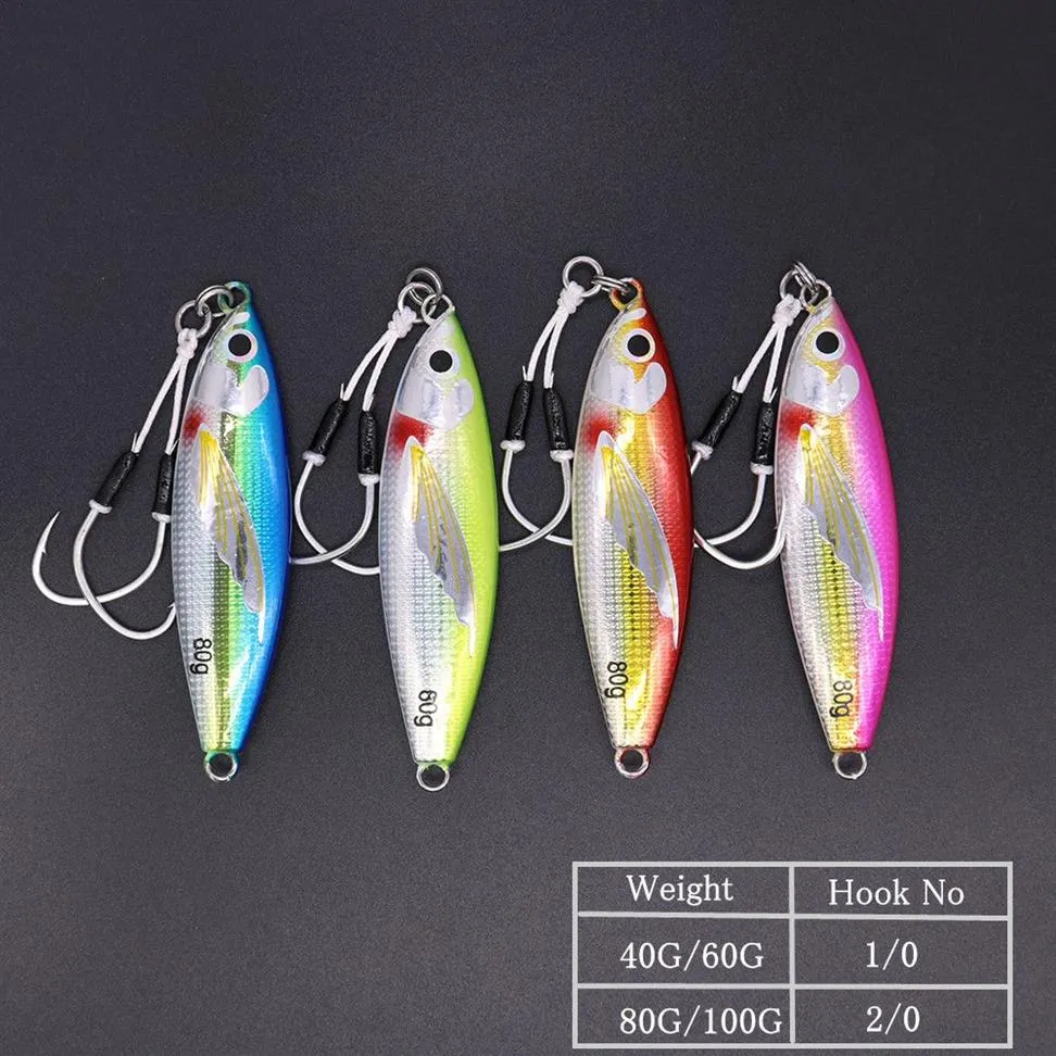 CASTFUN 40g 60g 80g 100g 4 PC / lote Iscas de pesca marítima brilho lento jigging fundição gabarito de metal com gancho de pesca iscas artificiais T200270b