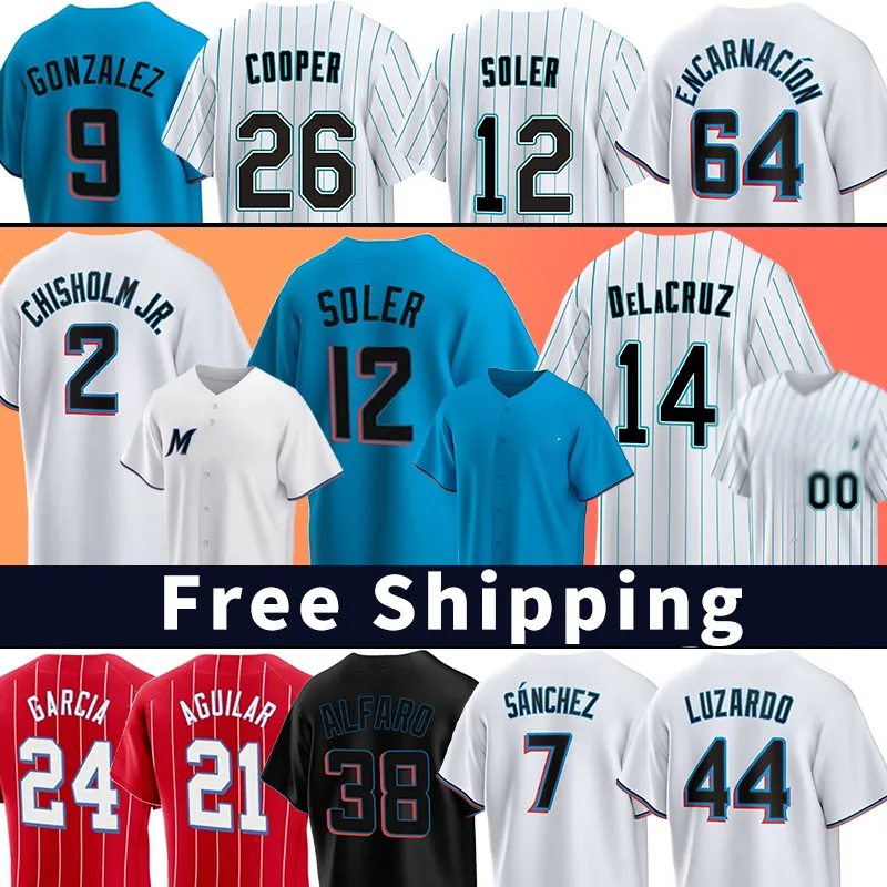 2 Jazzs Chisholm Jr 야구 유니폼 Marlins Nick Fortes Bryan De La Cruz 12 Jorge Soler Miami Luis Arraez Sandy Alcantara Sandy Alcantara Avisail Garcia Jon Berti