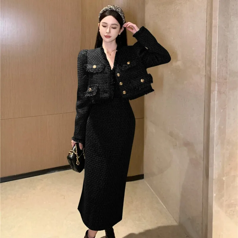 Tweed Two Piece Dress Set: Autumn Winter Vintage Style Coat