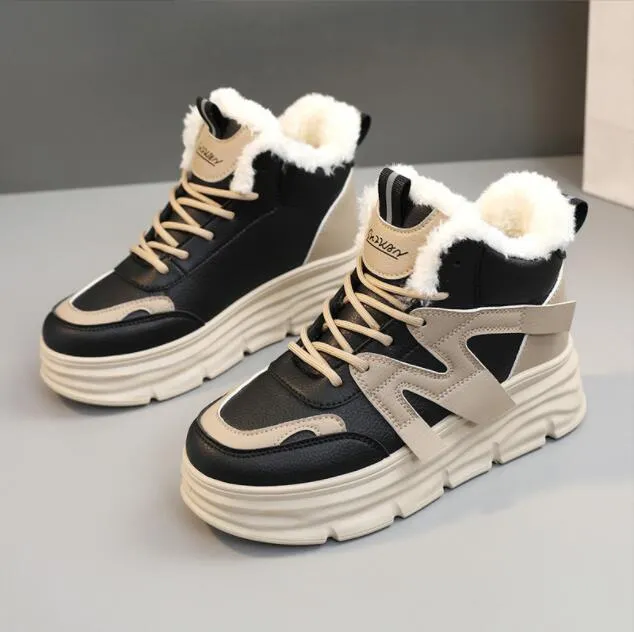 Tênis de inverno mulher moda salto escondido sapatos esportivos quentes feminino conforto mais plataforma de pelúcia tornozelo botas de neve sapatos de skate