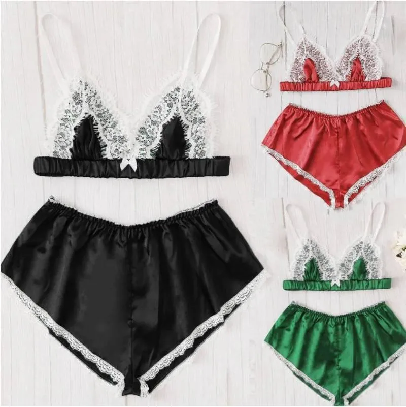 Vêtements de nuit pour femmes sous-vêtements pyjamas ensemble soie Sexy dentelle épissure tache pyjamas col en v soutien-gorge Shorts été érotique Lingerie Mujer