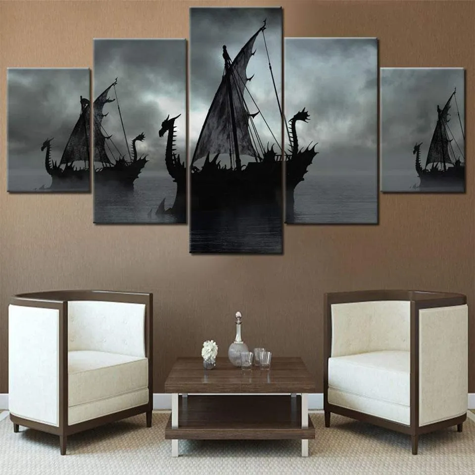 Stitch 5 Panneau Peinture de diamant Black Blanc Vikings Ship Full Diamond Mosaic 5D Briderie de bricolage Fantaisie navigante 5 PCS DÉCOR HOME