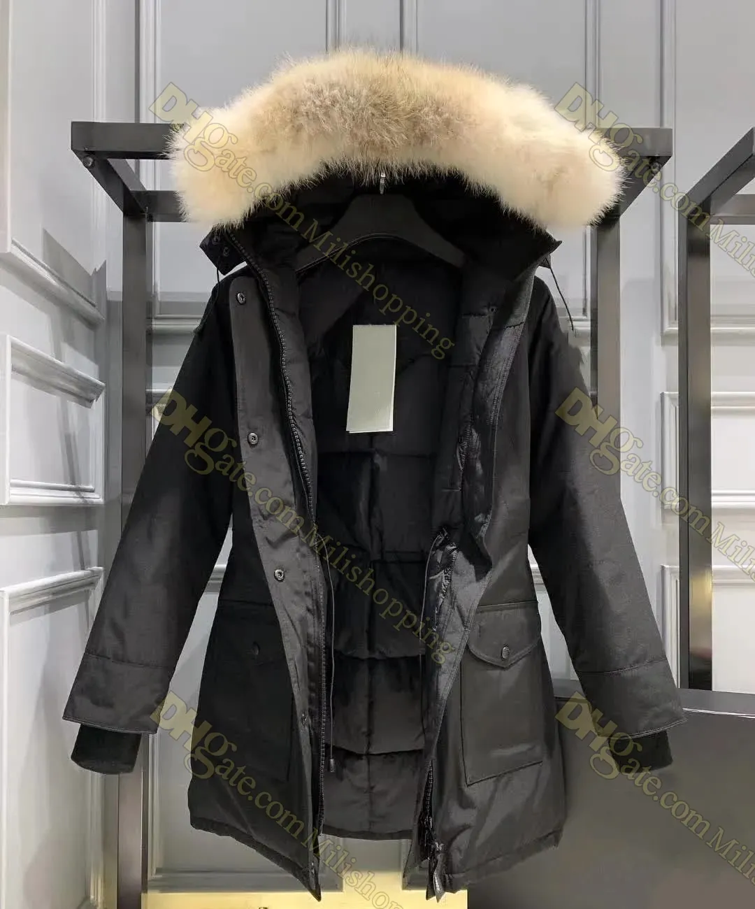 Designer Womens Down Jacket Marque de mode canadienne Gooses manteau long grande poche col de fourrure thermique haut femme parka grands vêtements