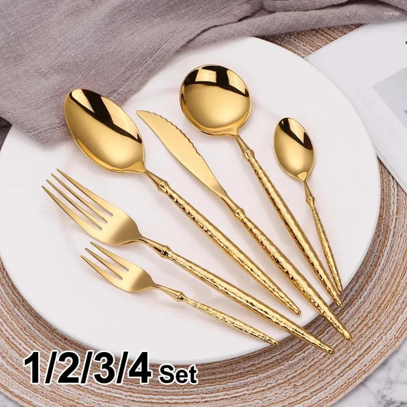 Flatware Sets 12/16/20/24Pcs Gold Tableware Set Stainless Steel 304 Cutlery Sliver Hammer Handle Dinner Kitchen Utensils