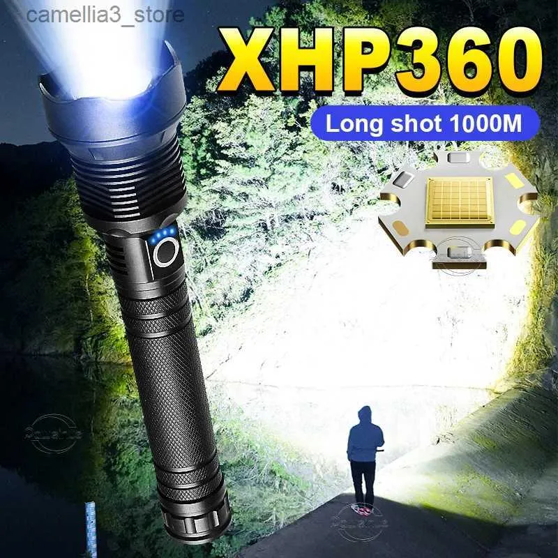 Torce Super High Power XHP 360 Torcia potente ricaricabile ultra potente Torcia a mano con ricarica USB a LED Lanterna a LED 18650/26650 Q231130