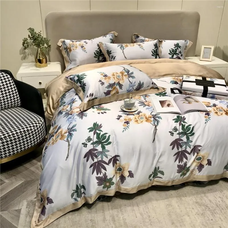 Bedding Sets 2023 Est Four-piece Simple Cotton Double Household Bed Sheet Quilt Cover Embroidered Comfortable Floral White Yellow
