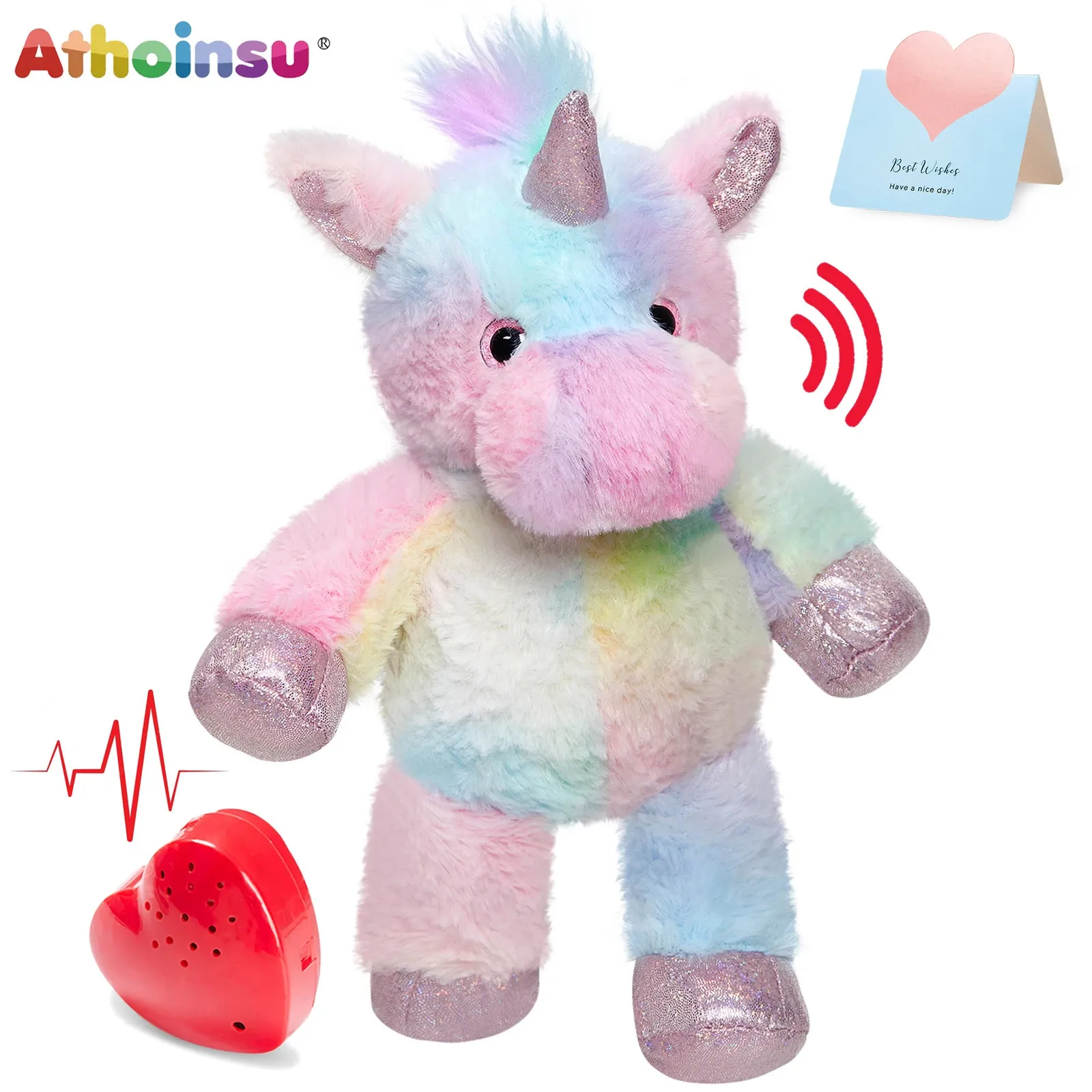 Plüschpuppen Athoinsu Regenbogen-Einhorn, Baumwollstofftier, Kinderspielzeug mit Aufnahmefunktion, kann Liebe vermitteln, Früherziehungsspielzeug 231129