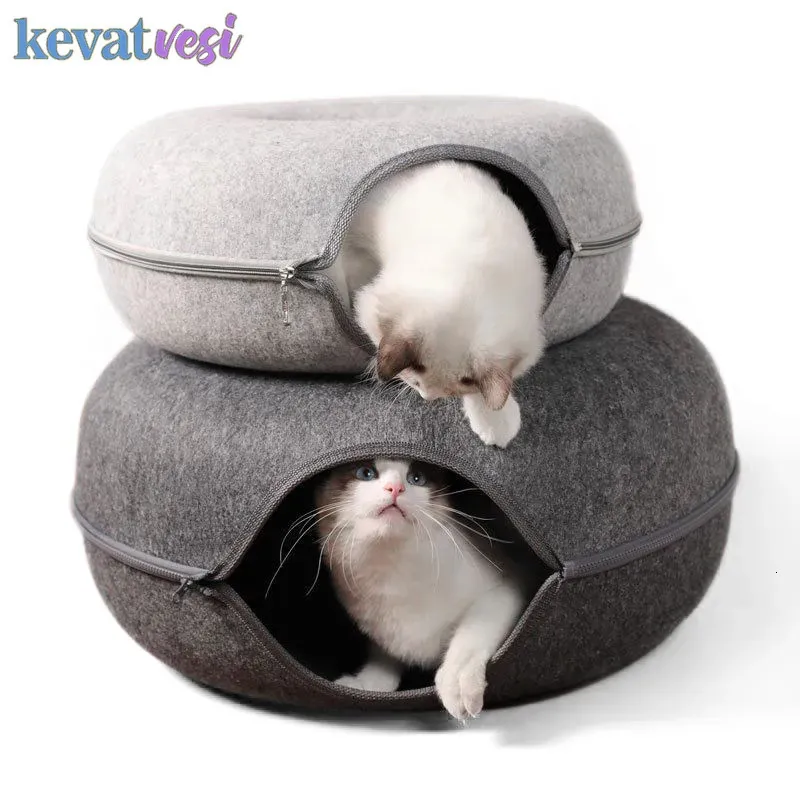 kennels pens Donut Cat Bed Tunnel Interactive Bed Toy House pour 2 chats Feutre Pet Cat Half Closed Cave Indoor Training Kennel Toy Pets Supplies 231124