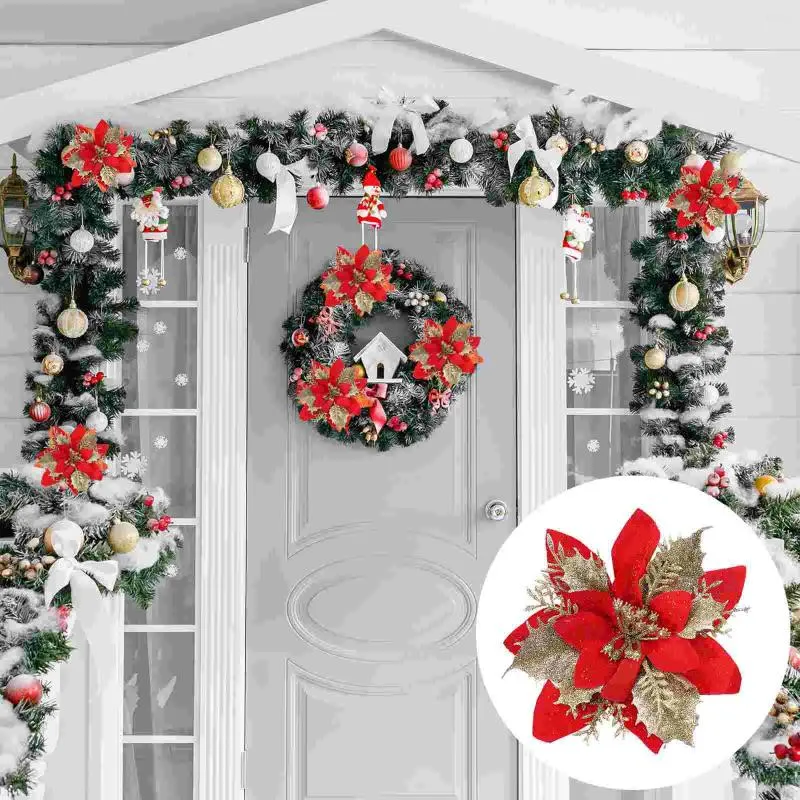 Pezzi di fiori decorativi Stella di Natale di Natale Ornamenti artificiali per alberi glitterati per matrimoni di Natale (Rosso dorato