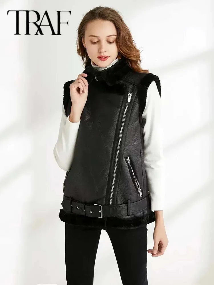 Kvinnors västar traf 2023 Kvinna Vinterdömning Bomull Vest Coat Imitation Leather Fashion Sleeveless Jacket Windproof Casual Weiscoat 231129