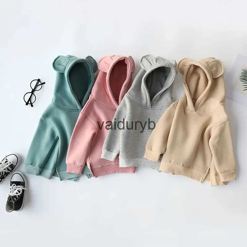 Hoodies Sweatshirts 2023 Sonbahar Kış Sıcak Polar Bebek Erkek Kız Kız Sweatshirts Pamuklu Ayı Kulak Hoodies Ldren'in Spor Gömlek Çocuk TopsVaiduryb45