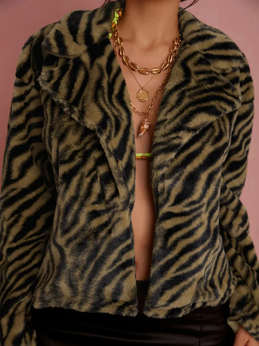 Womens Jackets LW Turndown Collar Tiger Striped Teddy Coat Women Faux Fur Animal Print Jacket Autumn Winter Outerwear Streetwear 231129