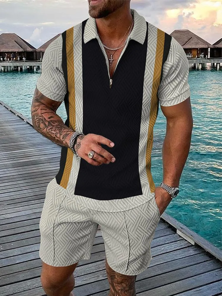 Men's Polos Retro Printed Two Piece Set Men Seaside Holiday Outfits Mens 2023 Summer Casual Short Sleeve Lapel Zipper Tops And Shorts SuitMe