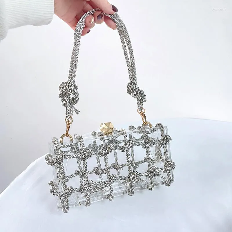 Kvällspåsar 2023 Trend Clear Acrylic Box Clutch Women Boutique Woven Knutt Rope Rhinestone Purse Wedding Party Handväskor B547