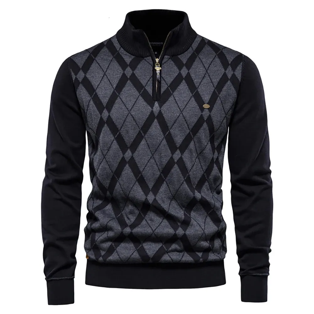 Damenpullover AIOPESON Argyle Männer Pullover Baumwolle Mock Neck Zipper Patchwork Pullover Männer Winter Hohe Qualität Mode Warme Pullover für Männer 231129